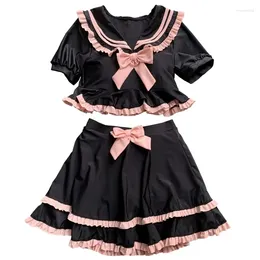 Women's Swimwear Cute School Girl Cosplay Sukumizu Bow Sailor Collar Two Piece Black Lolita Ruffle Bikini Swimsuit Tops Skirt Set