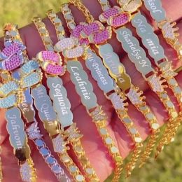 Bracelets DUOYING Custom Baby Name Footprint Bracelet Personalised Crown Zircon Nameplate Bracelets Engraved Cute Name Bar with Birthstone