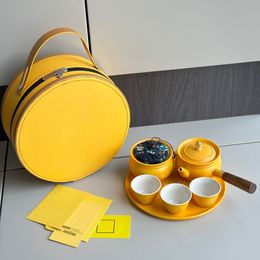 Designer Portable Travel Tea Set Yellow Classic Letter Logo Lazy One Pot Three Cups Outdoor Camping Ceramic Tea Set with Box Business Gift