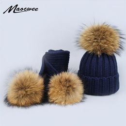 New 2 Pieces Set Children Winter Hat Scarf for Girls Hat Real Raccoon Fur Pom Pom Beanies Woman Cap Knitted Winter Whole1310z