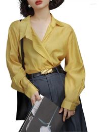 Women's Blouses Spring Rayon Office Lady Smooth Mature Intelligence Turn-down Collar Wide Brimmed Shirt Loose Elegant Lightweight Shirts