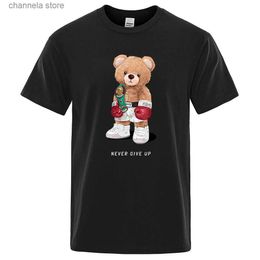 Men's T-Shirts Strong Boxer Teddy Bear Never Give Up Print Mens T-shirts Summer Short Sleeve Men Cotton Basic Top Tee Shirts Streetwear Clothes T240202