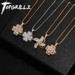 Pendant Necklaces TOPGRILLZ Fashion Rotating Windmill Four-Leaf Clover Design Iced Out Cubic Zirconia Pendant&Necklace Jewellery Accessories
