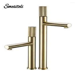 Bathroom Sink Faucets Knurled Faucet Brushed Gold Basin Taps Single Handle And Cold Mixer