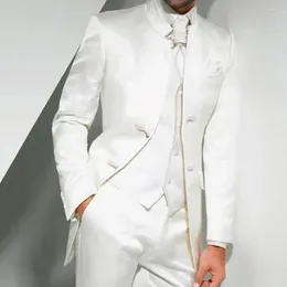 Men's Suits Elegant Men White Stand Lapel Single Breasted Wedding Tuxedo 3 Piece Jacket Pants Vest Luxury Full Set Groom Costume 2024