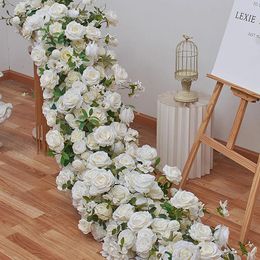 Decorative Flowers Wedding Artificial Rose Flower Backdrop Decor Floor Runner Event Table Centerpieces Strip Arrangement Party Props