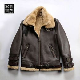 Double Layered Collar Cotton Sheepskin Fur Integrated Mens Large Lapel Genuine Leather Jacket N3FF