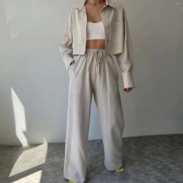 Women's Two Piece Pants Women Single Breasted 2 Long Pant Set Ladies Blouse Top Straight Leg Turn Down Collar V Neck Tie Up Daily Suit