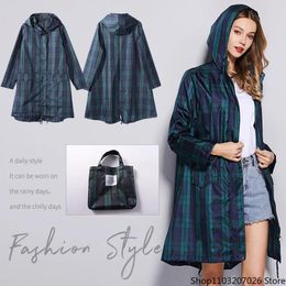 Raincoats Womens Fastion Green Plaid Long Raincoat Waterproof Rain Jacket Coat Hiking Windbreaker