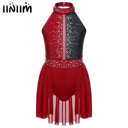 Stage Wear Kids Girls Sequined Rhinestones Gymnastics Leotard Tutu Skirts Sleeveless Mesh Splice Ballet Dance Dress Figure Skating Costumes