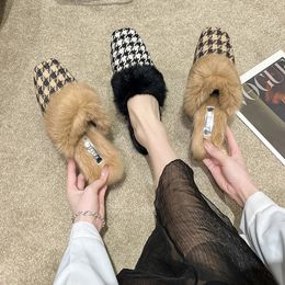 Aphixta Winter Gingham Upper Long Real Rabbit Fur Plush Women Slippers Nature Warm Furry Shoes Square Toe Flat Heel Hair Slides 240118