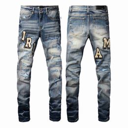 Jeans Designer Mens Purple High Street Hole Star Patch Womens Amirs Embroidery Panel Trousers Stretch Slim-fit Pants Quality H1MO