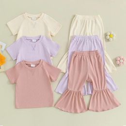 Clothing Sets FOCUSNORM 1-5Y Toddler Kids Girls Summer Clothes 2pcs Short Sleeve Ribbed Knit Solid T-Shirts Elastic Waist Flare Pants