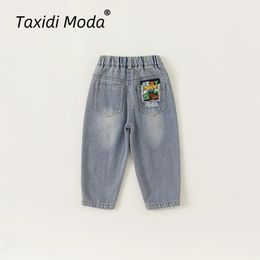 Patchwork Cartoon 2024 Spring Autumn Kids Jeans Casual Boys Girls Denim Pants Korean Toddler Wear Children Clothes For 110Y 240124