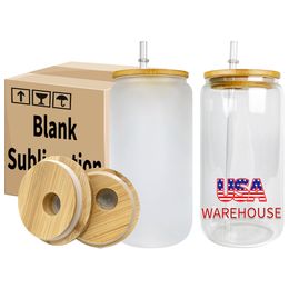 USA Warehouse Elegant Formed 16oz Blank Sublimation Clear Frosted Beer Glass Can With Bamboo Lid och Clear PP Straw for Heat Transfer Printing och UV Wraps and Vinyl