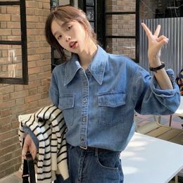 Women's Blouses 2024 Casual Fashionable Denim Shirts Pockets Korean StyleMinimalist Autumn Winter Lady Tops