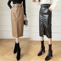 Skirts Vintage PU Leather Skirt Women Fall Winter High-waisted Slimming Long A-line Female Fashion All Match Faldas Mujer F87