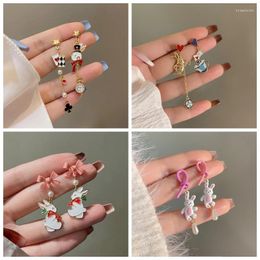 Dangle Earrings Cartoon Playing Card Timepiece Rabbit Cute Long Asymmetric Animal Enamel Jewellery For Women