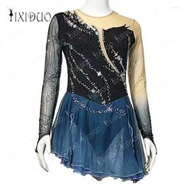 Stage Wear Black Blue Figure Skating Dress Women's Rhinestone Custom Skirt Long Sleeve Ballet Fashion Comfortable For Girl Child