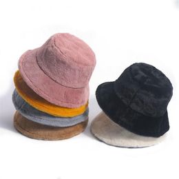 Wide Brim Hats Winter Outdoor Vacation Lady Panama Black Solid Thickened Soft Warm Fishing Cap Faux Fur Bucket Hat For Women240j