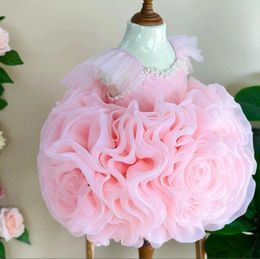 Girl Dresses Cute Pink Flower Puffy Baby Kids First Birthday Party Gown Special Occasion Infant Size 6M 9M 12M 18M 24M