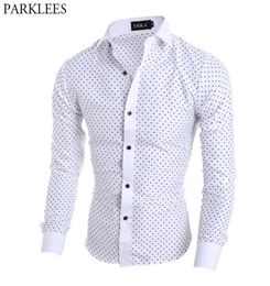 Mens Polka Dot Print White Dress Shirts Slim Fit Long Sleeve Chemise Homme Business Casual Button Down Shirt Male Camisa Social5719719
