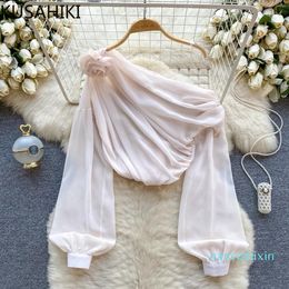 2024 Women Fashion Skew Collar Strapless Puff Sleeve Causal Chic Flower Ladies Tops