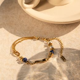 European and American New Internet Celebrity 18K Stainless Steel Inlaid Pearl with Lapis Lazuli Water Drop Bracelet Ornament Wholesale