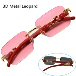 Sunglasses 3D Metal Leopard Rimless Rectangle Vintage For Men Fashion Brand Tinted Glasses Women Gradient Eyewear UV400