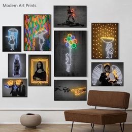 Paintings Neon Effect Poster Girl With Balloon And Mona Lisa Canvas Painting Picture For Home Living Room Wall Decoration Unframed