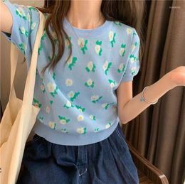 Women's T Shirts Women Summer Korean Style All-match Sweet T-shirts 2024 Flower Green Print T-shirt O-Neck Short Sleeve Tops Female