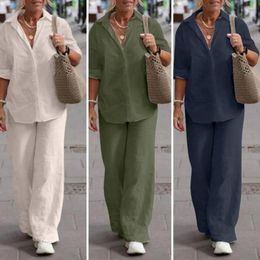 Women's Two Piece Pants 1 Set Trendy Comfortable Women Summer Suit Turn-Down Collar Cotton Linen Top Wide Leg Loose Outfits Casual Wear