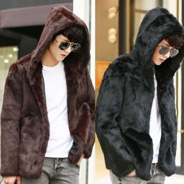 Mens Fur Jacket Designer Korean Version Faux Rabbit Trendy Hooded Winter Warm Top 23Z2