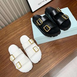 Designer Sandals Women Leather Buckle Slide Footbed Sandals Summer Slip On Slippers Fashion Shoes Black EU35-42 With Box 520