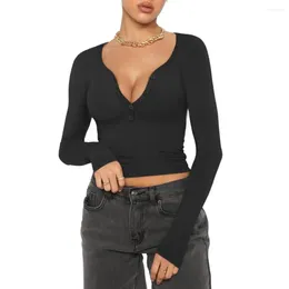 Women's Blouses Women Sexy Tops Autumn Clothing Wear V Neck Slim T-shirt With Button Neckline Solid Colour Cropped