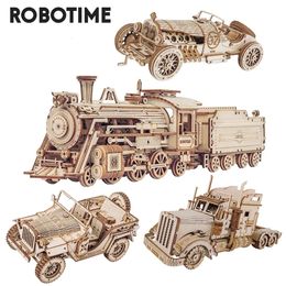 Robotime Rokr 3D Puzzle Movable Steam TrainCarJeep Assembly Toy Gift for Children Adult Wooden Model Building Block Kits 240122