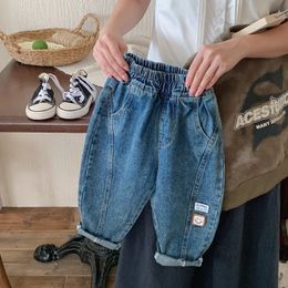 Spring Autumn Young Kids Boy Denim Pant Smiling Sticker Loose Toddler Boy Jeans Casual Versatile Elastic Waist Baby Boy Trousers 240118