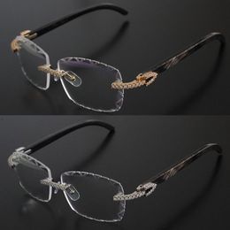 Luxury Eyeglasses Moissanite Diamond Set Rimles Designer Eyewear Women Vintage Mens Original White Inside Black Buffalo Horn Rimless Optical Diamond cut Lens