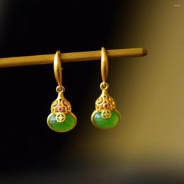 Dangle Earrings 925 Silver Natural An Jade Gourd Beads Charm Jewellery Fashion Accessories Hand-Carved Man Woman Amulet Gifts