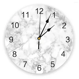 Wall Clocks White Marble Texture Decorative Round Clock Arabic Numerals Design Non Ticking Large For Bedrooms Bathroom