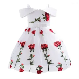 Girl Dresses 2024 Black White Rose Flower Dress Casual Embrodiery Children's Elegant Party Frocks For Kids Birthday