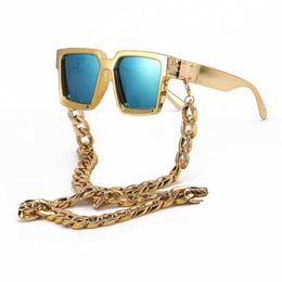 Sunglasses New diamond inlaid large thick frame square sunglasses for women gold chain millionaire mens sunglasses UV400 glasses J240202