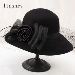 Elegant Women Wool Felt Fedora Wide Brim Hat Cloche Bowler Autumn Winter Church Hats Chapeau Femme Caps Wine Red Black 240126