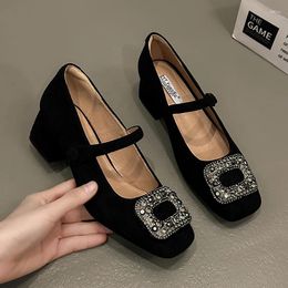 Dress Shoes Spring 2024 Female Fashion Mary Jane Square Head Outdoors Solid Colour Rhinestone Zapatos Para Mujeres