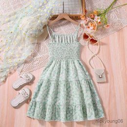 Girl's Dresses Kids Casual Cami Dress for Girls Clothes 2024 New Summer Children Fashion Flower Print Green Strap Princess Dress 7-14Y