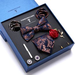 Holiday Gift Box Tie For Men 7.5 cmTie Hanky Pocket Squares Cufflink Set Bow Tie Clip Necktie Box Purple hombre Geometric Office 240119