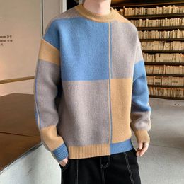 Man Clothes Plaid Blue Pullovers Knitted Sweaters for Men No Hoodie Casual Golf A Pull Oversize Maletry Neck Baggy 240119
