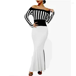 Casual Dresses MISSJOY Women Sexy Formal Party Bodycon Dress Off Shoulder Colorblock Striped Evening Gown Elegant Mermaid Vestidos Robe