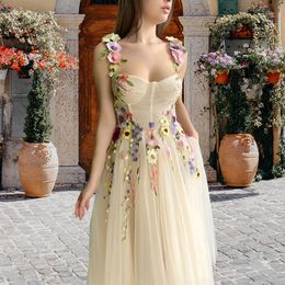 2024 New Champagne Short Evening Banquet Dress for Women Spaghtti Straps 3D Flowers Lace Appliques Tulle A-line Prom Formal Party Gowns Robe De Soiree