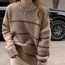 Women Semi Turtleneck Thicken Warm Sweater Long Sleeve Stripe Knit Jumpers ONeck Loose Casual For Fall Winter 240130